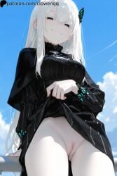 1girls ai_assisted ai_generated black_dress breasts closed_mouth clouds clowenqq dress dress_lift echidna_(re:zero) exposed_pussy female female_focus female_only from_below light-skinned_female light_skin long_hair looking_at_viewer looking_down no_panties pale-skinned_female pale_skin presenting presenting_pussy pussy re:zero_kara_hajimeru_isekai_seikatsu sky smug smug_face solo solo_female solo_focus stable_diffusion thighs uncensored white_hair