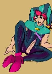 chester_(brawl_stars) cum cum_on_clothes cum_on_face cum_on_hair cumming dick eyes_rolled_back gay jester jester_hat jester_outfit male male_only moan muscles no_hands red_hair twink vulnerable