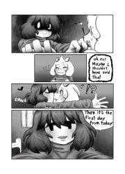 adoptive_siblings aged_up anthro asriel_dreemurr bedroom chara cute fluffy_hair furry furry_male goat hearts_around_head horns human_female if_happy just_became_a_couple kissing more_chasriel nervous repost romantic_couple rosy_cheeks scared scary_face short_hair surprised surprised_expression sweatdrop undertale undertale_(series) whitewo1f