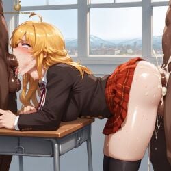 ai_generated blonde_hair classroom clothed_female_nude_male clothed_sex cum cum_in_ass cum_in_pussy cum_inside dark-skinned_male eyes_rolling_back fellatio interracial interracial_sex jacket large_breasts large_penis necktie oral_sex purple_eyes rwby school school_uniform schoolgirl schoolgirl_uniform sex skirt spitroast tagme thick_thighs thighhighs threesome twistedpeach white_shirt yang_xiao_long