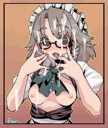 1girls adjusting_glasses braid breasts color cum eyewear female glasses kishi_kaisei lowres nipples oekaki sakuya_izayoi short_hair silver_hair solo touhou twin_braids white_hair