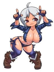 1girls angel_(kof) ass black_panties blue_bra border bra breasts chaps cleavage collarbone cowboy_shot female female_focus female_only fingerless_gloves gloves hair_between_eyes hi_res jacket king_of_fighters king_of_fighters_2001 large_breasts leaning_forward leather_jacket looking_at_viewer midriff minus8 navel open_jacket open_mouth short_hair smile snk solo standing underwear white_background white_hair