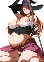 1girls areola blush bra breasts bukkake busty cleavage clothing dragon's_crown female gradient gradient_background hat hat_over_one_eye highres kneeling large_breasts long_hair looking_at_viewer midriff milf monster nipples open_clothes open_mouth open_skirt panties plump pregnant ready_to_pop shin'ya_(shin'yanchi) shiny shiny_skin simple_background skirt solo sorceress_(dragon's_crown) staff underwear vanillaware voluptuous weapon white_panties witch witch_hat