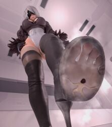1boy 1girls 3d aswababa big_breasts blindfold breasts clothed clothing feet feet_focus female foot_fetish giantess light-skinned_female light-skinned_male light_skin low-angle_view macro male micro nier nier:_automata nude nude_male short_hair size_difference trapped_in_shoe white_hair yorha_2b