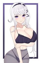 blush bra esttea huge_breasts kirifuji_nozomi large_breasts lingerie nipples panties smile the_hundred_line_-last_defense_academy- white_hair wide_hips