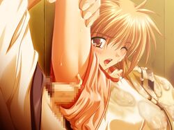 armpit_sex armpits blush brown_eyes brown_hair censored clothes_penetration clothesjob cum cum_on_clothes cum_under_clothes game_cg kurasawa_sanae outercourse penis saimin_gakuen short_hair source_request sumeragi_yuusuke wet wink