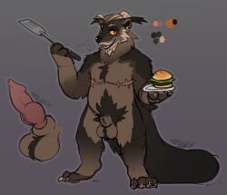 anthro big_tail binturong brown_body brown_fur chest_tuft cooking ear_piercing ear_tuft facial_hair fur furry genitals hair hair_bun hi_res knot knotted_penis male mammal mastectomy_scar natural_colors neck_tuft neo_yin penis piercing pubes scar solo solo_focus tail tuft viverrid