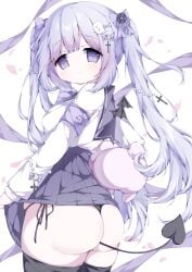 1girl armband ass ass_focus breasts cute devil_tail empty_eyes female from_behind large_ass large_breasts light_smile long_twintails looking_back neoteny pantyhose_down plushie purple_eyes purple_hair school_uniform small_wings solo succubus succubus_wings