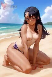 1girls 2d ai_generated areolae ass back bare_shoulders beach big_ass bikini bikini_pull black_hair blue_bikini blue_eyes brown_eyes competition_swimsuit dark_skin dark_skinned_female day erophoenix female female_focus full_body hairclip hayase_nagatoro jewelry long_hair looking_at_viewer ocean one-piece_swimsuit one-piece_tan outdoors patreon_username please_don't_bully_me,_nagatoro pointy_ears sitting skin_fang sky small_breasts smile solo swimsuit tan tan_body tan_lines tanline thick thick_thighs uncensored