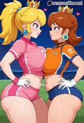 2girls accurate_art_style ai_generated big_ass big_breasts blonde_female blonde_hair blue_eyes blush breast_to_breast breasts brown_hair crown earrings eyelashes female gloves half-closed_eyes hand_on_hip happy heart hi_res huge_ass huge_breasts huge_butt keoenl large_breasts light-skinned_female light_skin long_eyelashes long_hair looking_at_another makeup mario_(series) nintendo orange_hair parted_lips patreon perfect_body plump_lips ponytail pose posing princess princess_daisy princess_peach royalty sexy_pose short_hair shorts soccer soccer_uniform sports_uniform super_princess_peach tan_skin thick_thighs wide_hips
