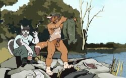 2020 anthro balls beverage_can bottomless bottomless_male canid canine canis clothed clothed_male clothing coyote drying_clothing duo fishing_rod flaccid fur furry genitals hat headgear headwear lake lakeside laugh male mammal microtransac moonlightdrive_(character) on_rock outside penis plant rock sitting sitting_on_rock sky standing tree vinylwolf_(character) wet wet_body wet_clothing wet_fur wolf