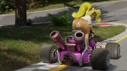 16:9 3d_(artwork) activision anthro bandicoot biped blender_(artwork) blonde_hair brown_body brown_fur clothed clothing coco_bandicoot crash_(series) digital_media_(artwork) doublestuffed female footwear fur genitals green_eyes hair hi_res kart long_hair looking_at_viewer looking_back looking_back_at_viewer mammal marsupial multicolored_body multicolored_fur outside partially_clothed presenting presenting_pussy pussy shoes solo tan_body tan_fur vehicle widescreen