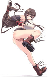 boots breasts brown_hair censored elbow_gloves erect_nipples female female_only final_fantasy final_fantasy_vii gloves huge_breasts human kicking legs long_hair long_legs miniskirt nipples no_panties pussy shiragi skirt smooth_skin solo suspenders thighs tifa_lockhart upskirt