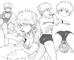 buruma cameltoe cleavage female female_only genderswap_(mtf) gintama gintoki_sakata grin gym_uniform looking_at_viewer medium_breasts monochrome multiple_scenes no_bra oiiiioioioiio rule_63 short_hair smile stretching tongue_out upside-down very_short_hair