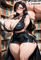 ai_generated arm_under_breasts ass bangs bare_shoulders belt black-framed_eyewear black_clothes black_dress black_hair black_skirt blush book bookshelf breast_hold breasts cleavage closed_mouth clothing curvaceous curvy dangle_earrings dress earrings english_text eyewear female female female_only final_fantasy final_fantasy_vii finger_to_mouth flying_sweatdrops glasses holding_book huge_ass huge_breasts indoors jennieart02 jewelry large_breasts light-skinned_female lips long_hair low-tied_long_hair mature mole mole_on_ass nipples patreon patreon_logo patreon_username pencil_skirt red_eyes shiny_skin shirt skirt smile solo standing sweat thick_thighs thighs tifa_lockhart twitter twitter_username veins veiny_breasts voluptuous watermark white_shirt wide_hips window