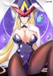 android artist_request bare_shoulders berkana berkana_(mega_man) blonde_female blonde_hair blonde_hair blush bowtie breasts bunny_ears bunnysuit capcom cleavage collarbone female fishnet_legwear fishnet_thighhighs fishnets forehead_jewel hair_over_shoulder hat highres large_breasts leotard long_gloves long_hair low_neckline mega_man_(series) mega_man_x mega_man_x_(series) mega_man_xtreme_2 neckline open_legs playboy_bunny purple_eyes robarts_hallway robot sitting thick_thighs thighhighs thighs white_gloves wide_hips witch witch_hat