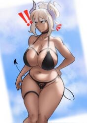 !! 1girls b.fask.b big_breasts bikini bikini_bottom bikini_top black_bikini bottomwear breasts cleavage demon demon_girl demon_horns demon_tail exclamation_point female female_only hair hand_on_hip helltaker hips horns huge_breasts lucifer_(helltaker) red_eyes solo solo_female swimwear tail thigh_strap thighs tied_hair topwear white_hair wide_hips