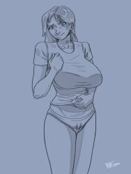 1girls 2d 2d_(artwork) big_breasts black_and_white breasts digital_drawing_(artwork) fanart female female_focus female_only jenny_(summertime_saga) monochrome panties pinker shirt simple_background summertime_saga tank_top teenage_girl teenager underwear
