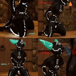 3d_(artwork) absurd_res animal_genitalia animal_penis anthro armwear balls black_latex blue_penis body_worship bondage bondage_gear bound brown_sheath canine_genitalia canine_penis clothed clothing comic cuffs_(clothing) digital_media_(artwork) drone dronesuit dronification dungeon duo erection forced fur genitals glistening glistening_body gloves hair handwear hi_res isaacjexo jex kneeling kneeling_on_ground latex latex_armwear latex_clothing latex_gloves latex_handwear latex_legwear latex_skinsuit legwear male male/male multicolored_body multicolored_fur multicolored_hair muscular muscular_male penile penis red_body red_fur reflection rexouium rubber_clothing sheath skinsuit tail tight_clothing vulpeware vulpeware_(character)