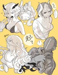 1boy 310732 3girls bikini bondrewd cleavage curly_hair female female_focus long_hair looking_at_viewer lyza_(made_in_abyss) made_in_abyss male masked_male medium_breasts monochrome ozen srajo tank_top two_tone_hair upper_body yellow_background