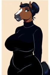 ai_generated anthro anthro_female brown_fur draft_horse dress female furry_female furry_focus giant_breasts hair_in_bun large_breasts looking_at_viewer majorfluffy mature_female sweater_dress tight_clothing tight_dress turtleneck updo