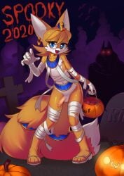 2020 4_toes 5_fingers absurd_res anthro balls bandage blue_eyes blush canid canine circumcised clothing costume dated ear_piercing egyptian egyptian_clothing english_text erection feet femboy fingers food footwear fox fruit full-length_portrait genitals halloween halloween_costume halloween_decoration hi_res holidays jack-o'-lantern knock-kneed looking_at_viewer male mammal multi_tail mummy_costume mummy_wrappings navel owo penis piercing plant portrait pumpkin sandals sega shoes solo sonic_(series) sonic_the_hedgehog_(series) sparkydb tail tails tails_the_fox text toes tombstone