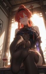 ai_generated feet foot_fetish neushwanstein qipao smirk soles stockings toes wine wuthering_waves yinlin_(wuthering_waves)