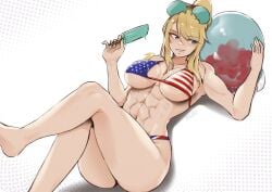 1girl 1girls abs american_flag_bikini athletic_female beauty_mark bikini bikini_bottom bikini_top blonde_hair blue_eyes breasts female fit_female large_breasts long_hair metroid metroid_(creature) mole muscular muscular_female nintendo ponytail popsicle samus_aran solo solo_female tagme thick_thighs toned_female underboob vialnite