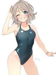 blush breasts brown_hair competition_swimsuit female gluteal_fold highres love_live! love_live!_sunshine!! one-piece_swimsuit one_eye_closed salute short_hair simple_background smile stomach swimsuit thighs watanabe_you wavy_hair white_background