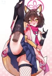 1boy animal_ear_fluff animal_ears black_gloves black_panties black_thighhighs blue_archive blue_skirt blush breasts brown_hair cameltoe commentary commission disembodied_penis female fishnet_thighhighs fishnets fox_ears fox_girl fox_hair_ornament fox_shadow_puppet fox_tail gloves halo highres izuna_(blue_archive) japanese_clothes kimono kneepits large_variant_set long_sleeves looking_at_viewer male matsumaramara miniskirt mismatched_thighhighs neckerchief oerba_yun_fang open_mouth paid_reward_available panties partially_fingerless_gloves penis penis_in_thighhigh pink_halo pink_kimono pink_neckerchief pink_scarf pixiv_commission pleated_skirt scarf shirt skindentation skirt small_breasts solo_focus split standing standing_on_one_leg standing_split straight tail thighhighs underwear variant_set white_shirt wide_sleeves yellow_eyes