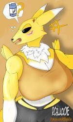 absurd_res angry anthro bandai_namco big_breasts black_eyes blue_eyes bottomwear breasts canid canine clothing crop_top cross-popping_vein digimon digimon_(species) facial_tattoo fangs female fox fur hi_res long_ears mammal markings muscular muscular_female open_mouth panties pants rcblackdie renamon shirt solo tail tattoo teeth thick_thighs topwear tuft underwear white_body white_fur wide_hips yelling yellow_body yellow_fur