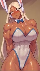 ai_generated blue_bowtie blush boku_no_hero_academia bowtie bunny_ears bunny_girl bunnysuit cameltoe embarrassed female fred_perry(style) hair hands_behind_back huge_breasts looking_down miruko muscular muscular_female my_hero_academia oiled oiled_body red_eyes straight submissive_pose thick_thighs white_hair