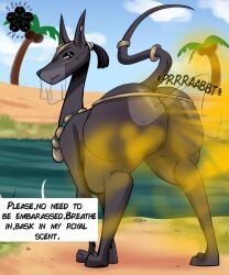 absurd_res anus ass big_butt blossonflower canid canine canis clothed clothing clothing_lift dialogue domestic_dog english_text fart fart_fetish female feral freckled_butt freckles genitals heba_(blossonflower) hi_res huge_butt mammal outside pussy solo speech_bubble text translucent translucent_clothing