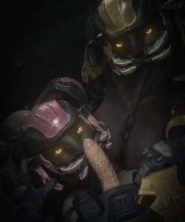 3d_(artwork) absurd_res alien armor big_breasts breasts digital_media_(artwork) female first_person_view genitals glowing glowing_eyes group halo_(series) headgear helmet hi_res human imminent_oral imminent_sex jaeger3d looking_at_viewer male male/female mammal microsoft penis sangheili trio vein veiny_penis xbox_game_studios