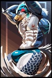 a9td abs anthro avian beak bird bulge digital_drawing_(artwork) digital_media_(artwork) fur green_eyes hi_res looking_at_viewer male navel nipples solo tail white_body