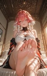 ai_generated ass bed blue_eyes blue_hair changli_(wuthering_waves) feet neuschwanstein sitting soles toes wuthering_waves