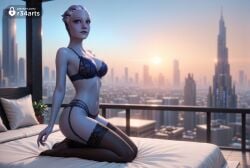 1girls ai_generated alien artist_name asari bed black_bra black_panties black_thighhighs blue_eyes bra breasts building city cityscape colored_skin garter_belt garter_straps hi_res kneeling liara_t'soni lingerie looking_at_viewer mass_effect mass_effect_2 mass_effect_3 medium_breasts navel panties pillow potted_plant r34arts solo sunrise thighhighs underwear underwear_only
