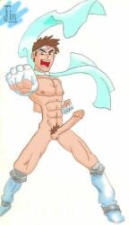 00s 1boy 2009 abs brockyaoi brown_hair capcom cyberbots erection fingerless_gloves jin_saotome lowres male male_only muscular nipples penis pubic_hair simple_background solo tagme traditional_media video_games white_background