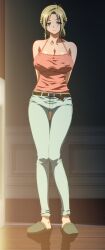1boy 1girls 2011 age_difference blonde_hair blue_eyes breasts covered_erect_nipples denim female female_focus game game_cg highres huge_breasts huge_cleavage indoors kamimura_akiko keisuke_(sisters) kouzaka_kohei kouzaka_kouhei male mature_female no_bra older_female_and_younger_male older_woman_and_younger_man pants pepperoni_nipples ponytail sisters_~natsu_no_saigo_no_hi~ slippers stepmother_and_stepson taki_minashika tight_clothes tight_pants
