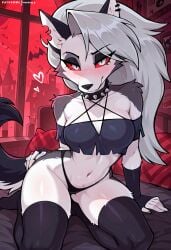 1girls ai_generated anthro bed bedroom blush breasts collar female fingerless_gloves furry hellhound helluva_boss lingerie looking_at_viewer loona_(helluva_boss) no_bra on_bed panties spiked_collar stockings thong underwear wolf wolf_girl