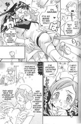 2girls comic cow_ears cow_girl cow_horns cow_tail english_text eromanga hard_translated hat highres horns jpeg_artifacts manga monochrome natsumi_(pink_sniper) nurse_cap pink_sniper right_to_left sakurai_haruna scan tail thighhighs translated yonekura_kengo