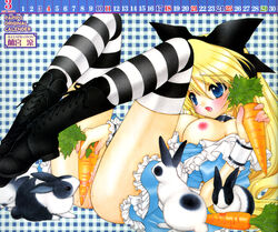 alice_in_wonderland alice_liddell blonde_hair blue_eyes blush boots bow breasts bunny carrot choker copyright_request dress frills hairbow highres masturbation nail_polish nipples no_panties public_domain pussy pussy_juice ramiya_ryou striped striped_legwear striped_thighhighs thighhighs