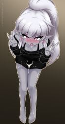 ahe_gao ahe_gao ahegao_face blush blushing_at_viewer blushing_female bra_strap busujimabibi cum cum_on_body cum_on_breasts cum_on_cheek cum_on_clothes cum_on_clothing cum_on_face cum_on_feet cum_on_fingers cum_on_hair cum_on_hand cum_on_hands cum_on_lap cum_on_leg cum_on_legs cum_on_lower_body cum_on_shirt cum_on_sweater cum_on_tongue cum_on_upper_body drow earrings elf elf_ears elf_female elf_girl exposed_shoulders fangs grey_body grey_skin indie_virtual_youtuber indie_vtuber jewelry looking_at_viewer nioartist no_pants peace_sign pointed_ears pointy_ears ponytail purple_eyes saliva sitting small_breasts tongue tongue_out virtual_youtuber vtuber vtuberfanart white_hair