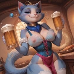 ai_generated anthro anthro_female beer big_breasts blue_eyes blue_fur cleavage corset dirndl feline feline furry furry_female loincloth maid pokies smile smile_at_viewer squiglydx tavern tavern_wench thick_thighs thighhighs voluptuous wide_hips yuumi_(lol)