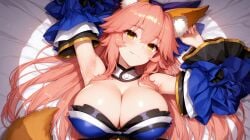 ai_art ai_generated animal_ears armpits back bare_shoulders blue_bow blue_kimono blush bow bruce1982 cleavage eyebrows fate/extra fate/grand_order fate_(series) female fox fox_ears fox_girl fox_tail kimono large_ears looking_at_viewer lying obi on pink sleeves solo tail tamamo_(fate) tamamo_no_mae_(fate) wallpaper wide_sleeves yellow_eyes