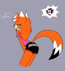 1girl1boy ass ass_focus bent_over black_shorts blue_eyes blush butt_focus female female_fox flustered fngrlshay fox hedgehog male oc_x_canon orange_fur original_character pink_shirt sega shadow_the_hedgehog shorts skye_the_vixen sonic_(series) sonic_oc sonic_the_hedgehog_(series) sticking_ass_out tail tease teasing teasing_with_butt text text_on_clothing