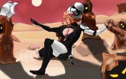 angry armor big_breasts blood desert first_order_stormtrooper fit fit_female gear helmet java looking_at_viewer muscular muscular_female pierced_nipples piercing red_hair redbed669 sand screaming star_wars stormtrooper tatooine undressing
