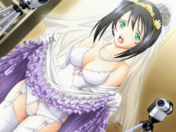 1girls black_hair breasts bridal_veil bride camcorder camera cleavage clothing dress dress_lift dutch_angle erect_nipples female frills game_cg garter_belt green_eyes hair_up jewelry kyouhaku_2 legwear necklace open_mouth panties pussy_juice ribahara_aki short_hair solo stockings tears thigh_gap thighhighs thighs underwear veil video_camera wedding_dress white_panties