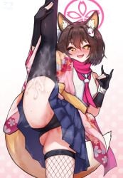 animal_ear_fluff animal_ears black_gloves black_panties black_thighhighs blue_archive blue_skirt blush breasts brown_hair cameltoe commentary commission cum cum_on_body cum_on_legs female fishnet_thighhighs fishnets fox_ears fox_girl fox_hair_ornament fox_shadow_puppet fox_tail gloves halo highres izuna_(blue_archive) japanese_clothes kimono kneepits large_variant_set long_sleeves looking_at_viewer matsumaramara miniskirt mismatched_thighhighs neckerchief open_mouth paid_reward_available panties partially_fingerless_gloves pink_halo pink_kimono pink_neckerchief pink_scarf pixiv_commission pleated_skirt scarf shirt skindentation skirt small_breasts solo split standing standing_on_one_leg standing_split tail thighhighs underwear variant_set white_shirt wide_sleeves yellow_eyes