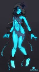 artist_name barefoot blue_body blue_eyes blue_hair blue_skin clothing cuff_(restraint) feet female ghost glowing glowing_eyes hair hair_over_eye hi_res hood humanoid malberrybush one_eye_visible paizo pathfinder restraints selvie_(malberrybush) shackled_ankles shackled_neck shackled_wrists shackles solo spirit text toes torn_clothing